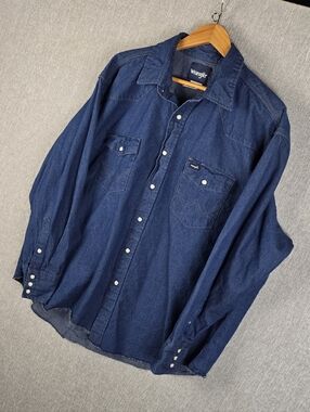 Wrangle Cowboy Cut Pearl Snap Work Shirt Blue Mens Sz 2XL